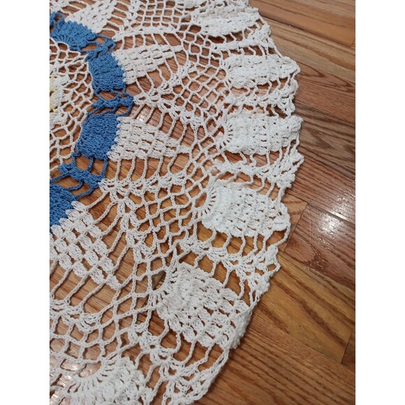Crochet Tablecloth Blue White Yellow Design Handmade Topper - 42" - Picture 3 of 5